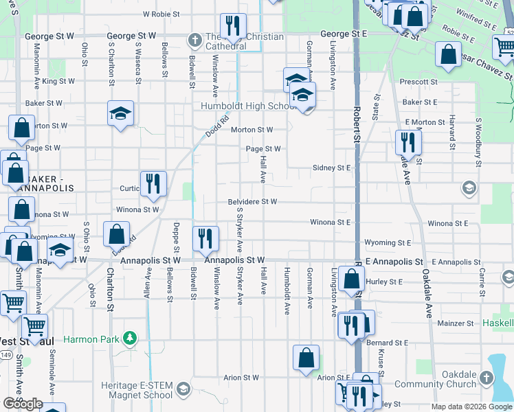 map of restaurants, bars, coffee shops, grocery stores, and more near 40 Belvidere Street West in Saint Paul