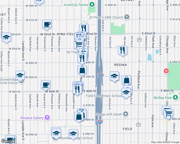 map of restaurants, bars, coffee shops, grocery stores, and more near 4436 Stevens Avenue in Minneapolis
