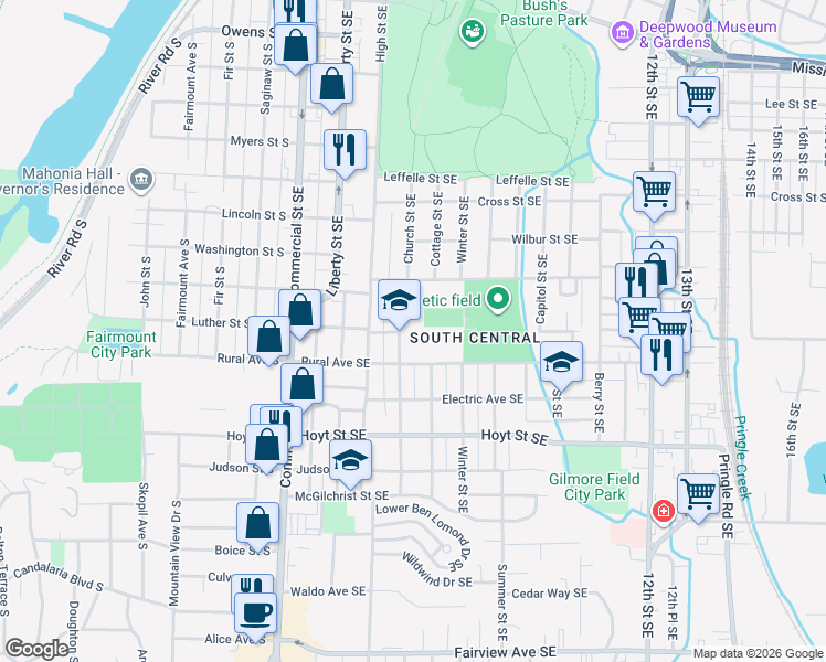 map of restaurants, bars, coffee shops, grocery stores, and more near 1910 Church Street Southeast in Salem