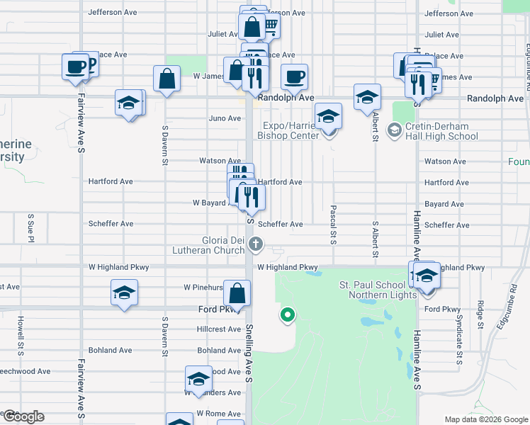 map of restaurants, bars, coffee shops, grocery stores, and more near 642 Snelling Avenue South in Saint Paul