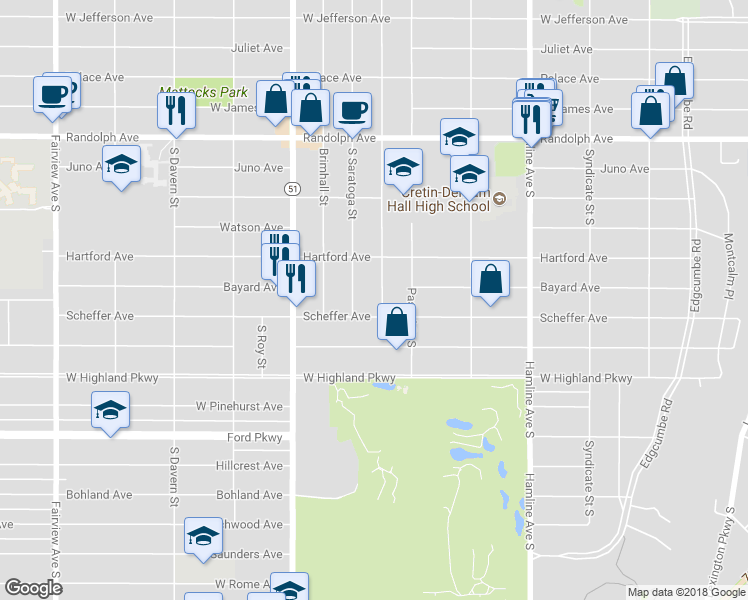 map of restaurants, bars, coffee shops, grocery stores, and more near 645 Warwick Street in Saint Paul