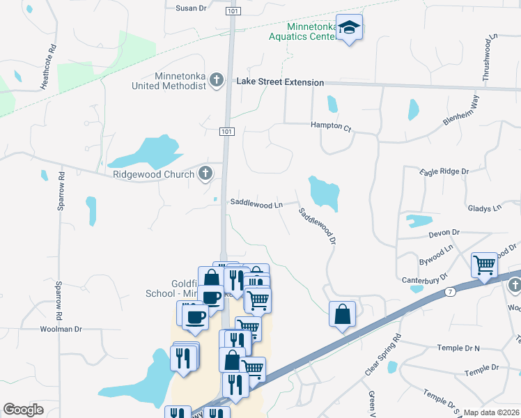 map of restaurants, bars, coffee shops, grocery stores, and more near 17421 Saddlewood Lane in Minnetonka