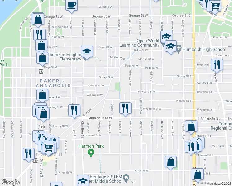 map of restaurants, bars, coffee shops, grocery stores, and more near 140 Belvidere Street West in Saint Paul