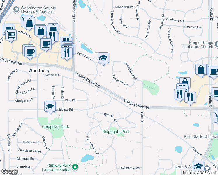 map of restaurants, bars, coffee shops, grocery stores, and more near 1758 Evergreen Bay in Woodbury