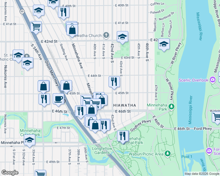 map of restaurants, bars, coffee shops, grocery stores, and more near 4444 42nd Avenue South in Minneapolis