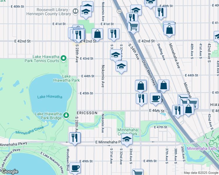 map of restaurants, bars, coffee shops, grocery stores, and more near 4441 Nokomis Avenue in Minneapolis