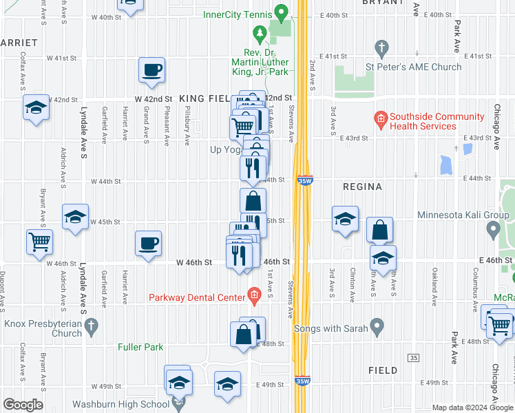 map of restaurants, bars, coffee shops, grocery stores, and more near 4429 Nicollet Avenue in Minneapolis