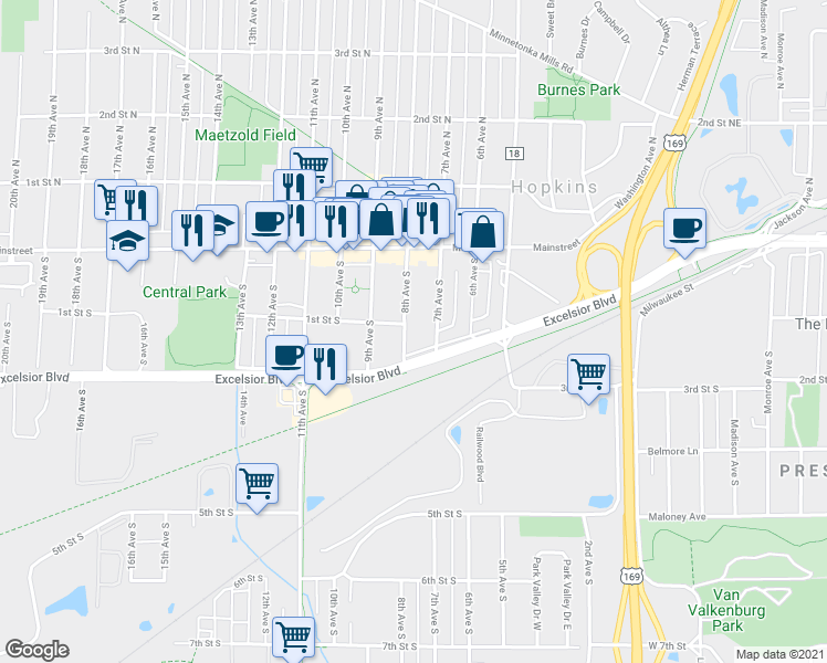 map of restaurants, bars, coffee shops, grocery stores, and more near 120 7th Avenue South in Hopkins