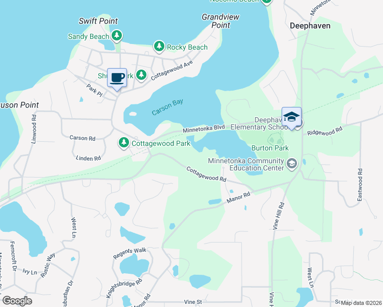 map of restaurants, bars, coffee shops, grocery stores, and more near 19860 Cottagewood Road in Excelsior