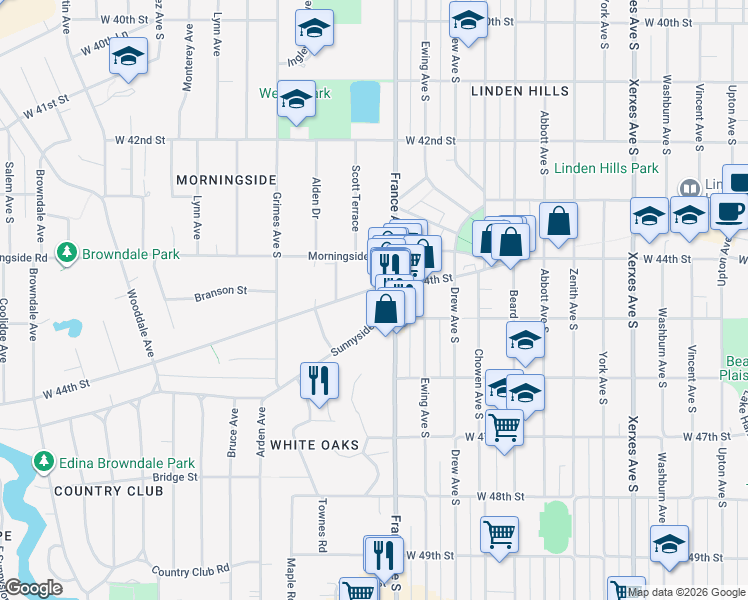 map of restaurants, bars, coffee shops, grocery stores, and more near 4402 1/2 France Avenue South in Minneapolis
