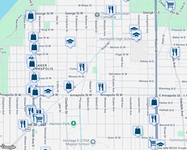 map of restaurants, bars, coffee shops, grocery stores, and more near 140 Belvidere Street West in Saint Paul