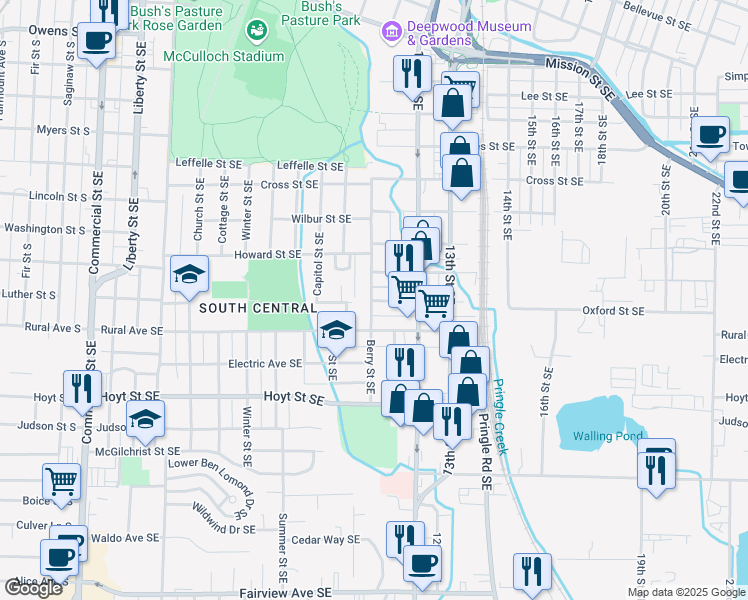map of restaurants, bars, coffee shops, grocery stores, and more near 1103 Oxford Street Southeast in Salem