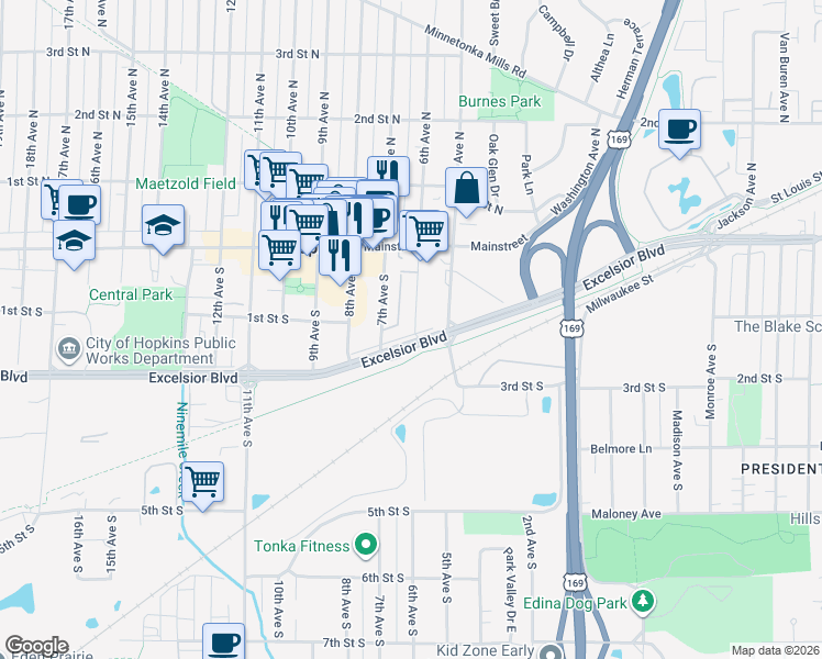map of restaurants, bars, coffee shops, grocery stores, and more near 62 6th Avenue South in Hopkins