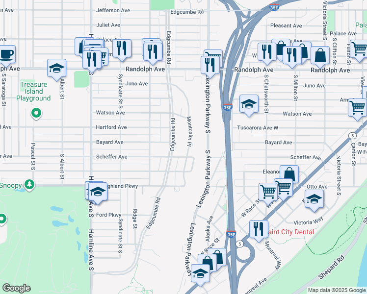 map of restaurants, bars, coffee shops, grocery stores, and more near 639 Montcalm Place in Saint Paul