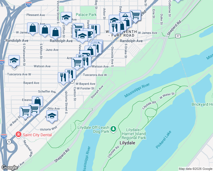 map of restaurants, bars, coffee shops, grocery stores, and more near 714 Stewart Avenue in Saint Paul