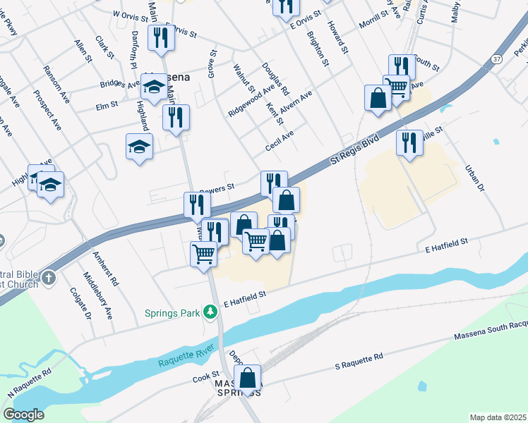 map of restaurants, bars, coffee shops, grocery stores, and more near 21 Romeo Avenue in Massena