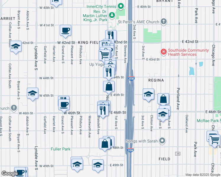 map of restaurants, bars, coffee shops, grocery stores, and more near 4429 Nicollet Avenue in Minneapolis