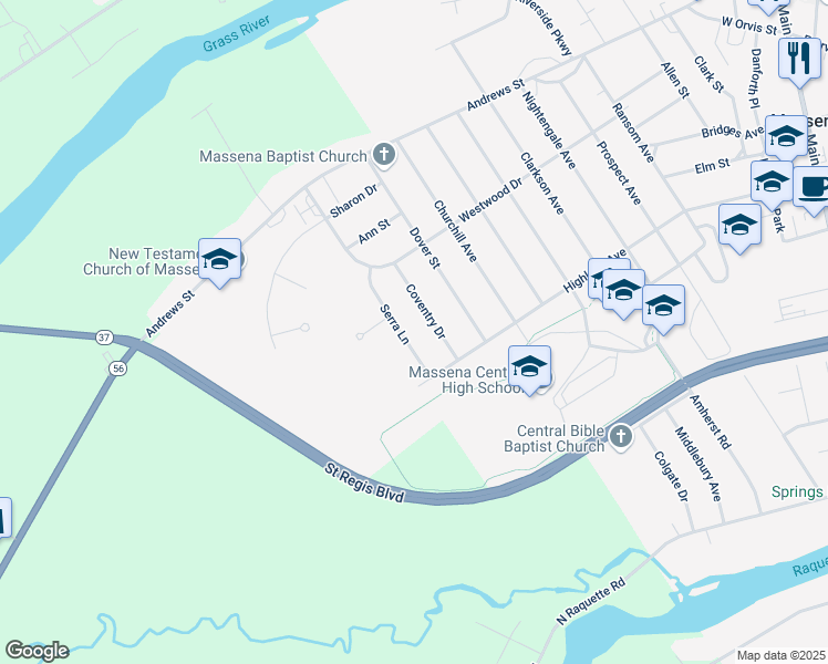 map of restaurants, bars, coffee shops, grocery stores, and more near 15 Serra Ln in Massena