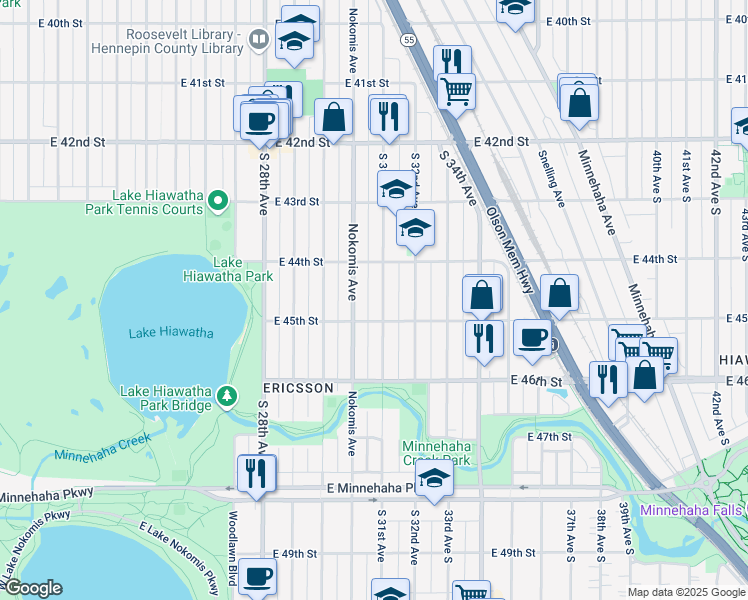 map of restaurants, bars, coffee shops, grocery stores, and more near 4441 Nokomis Avenue in Minneapolis