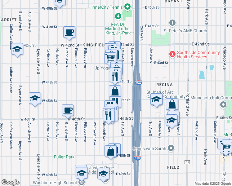 map of restaurants, bars, coffee shops, grocery stores, and more near 4429 Nicollet Avenue in Minneapolis