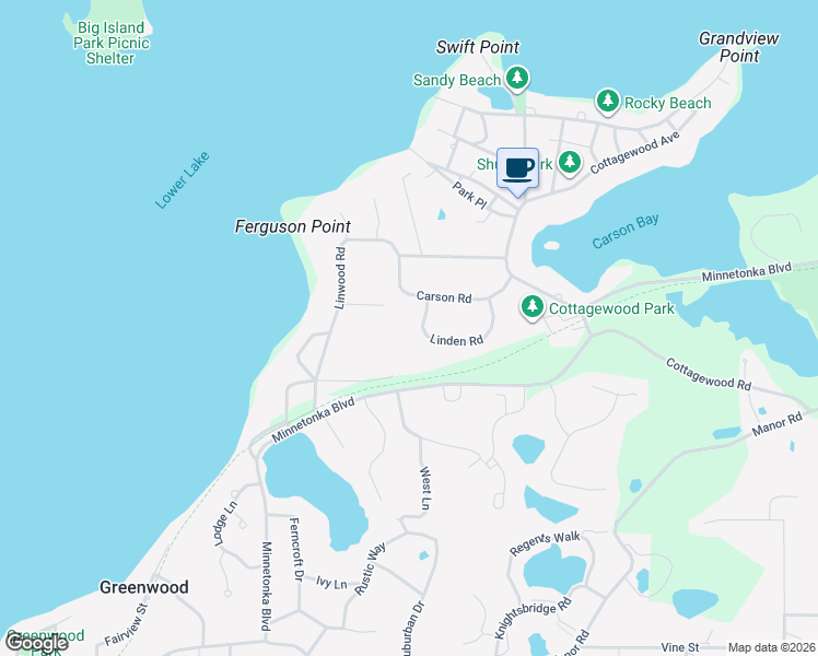 map of restaurants, bars, coffee shops, grocery stores, and more near 20565 Linden Road in Excelsior