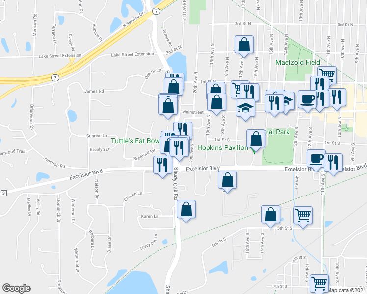 map of restaurants, bars, coffee shops, grocery stores, and more near 107 Shady Oak Road in Hopkins