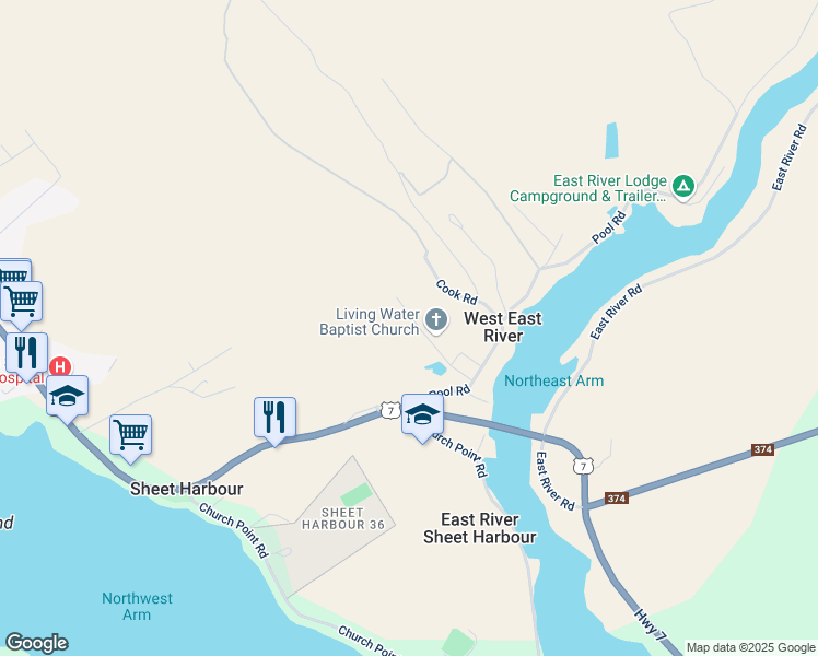 map of restaurants, bars, coffee shops, grocery stores, and more near 67 Barkhouse Road in Sheet Harbour