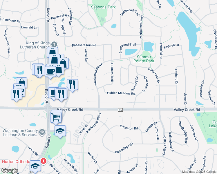 map of restaurants, bars, coffee shops, grocery stores, and more near 8905 Hunters Trail in Woodbury