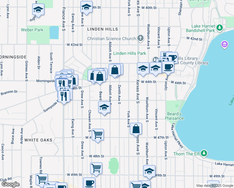 map of restaurants, bars, coffee shops, grocery stores, and more near 4436 Zenith Avenue South in Minneapolis