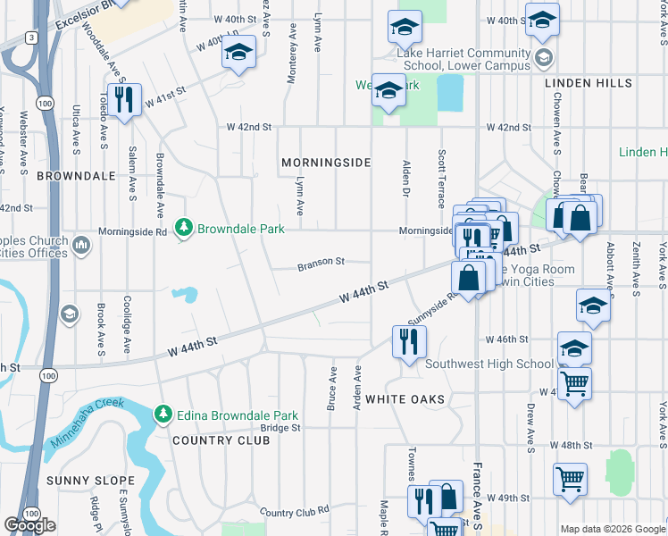 map of restaurants, bars, coffee shops, grocery stores, and more near 4301 Branson Street in Minneapolis
