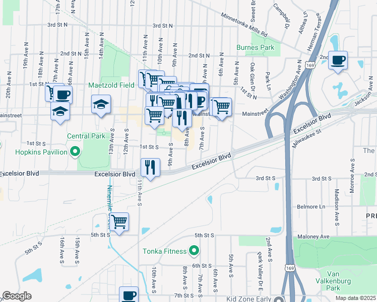 map of restaurants, bars, coffee shops, grocery stores, and more near 151 8th Avenue South in Hopkins