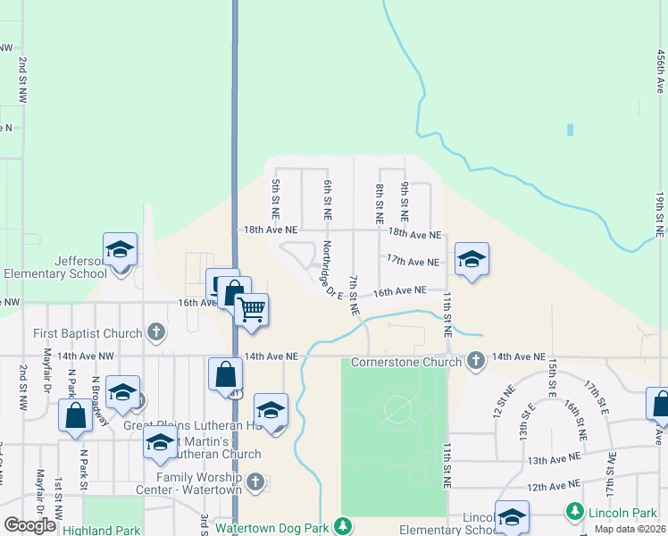 map of restaurants, bars, coffee shops, grocery stores, and more near Northridge Drive East in Watertown