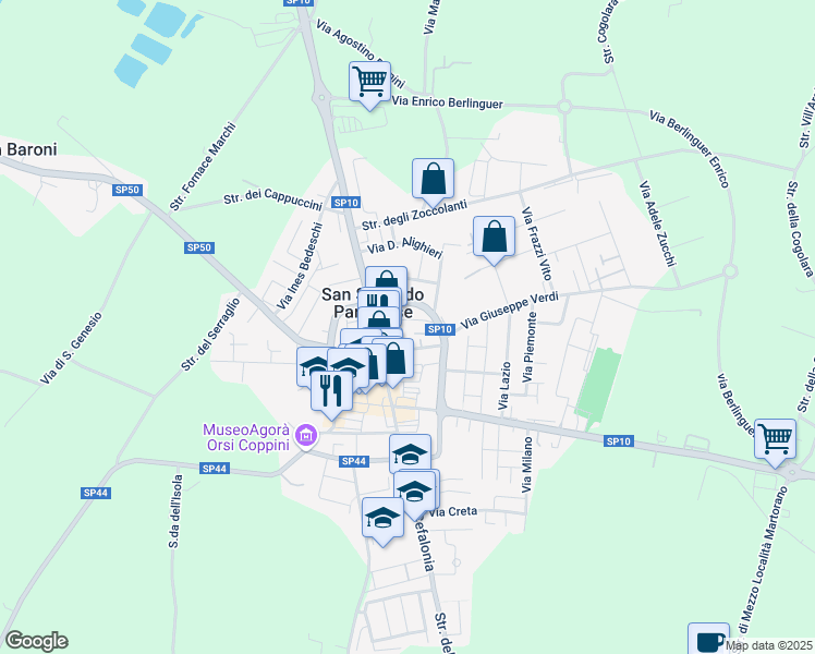 map of restaurants, bars, coffee shops, grocery stores, and more near 24 Piazza Martiri della Libertà in San Secondo Parmense
