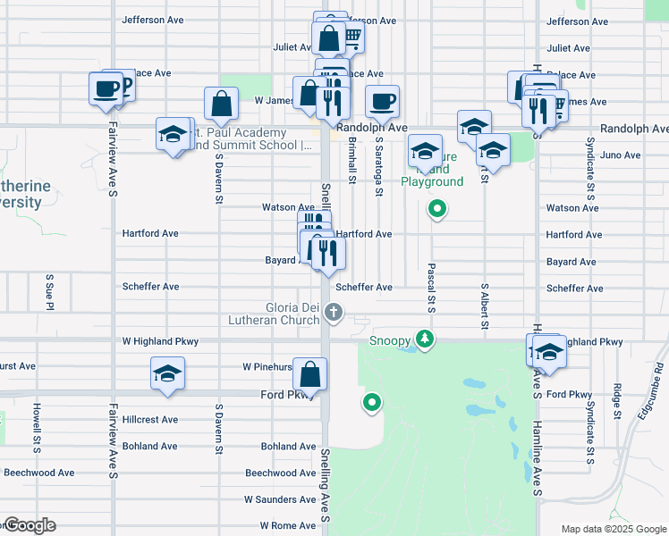 map of restaurants, bars, coffee shops, grocery stores, and more near 642 Snelling Avenue South in Saint Paul