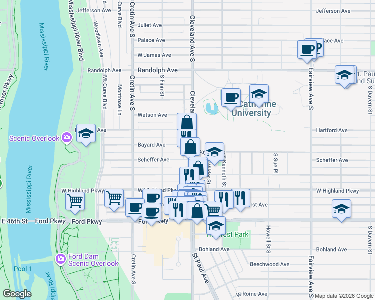 map of restaurants, bars, coffee shops, grocery stores, and more near 647 Cleveland Avenue South in Saint Paul