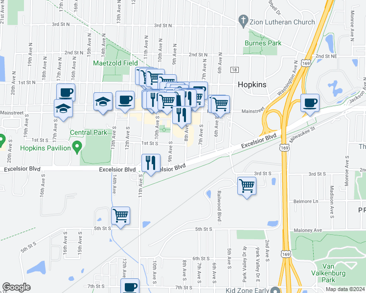 map of restaurants, bars, coffee shops, grocery stores, and more near 119 9th Avenue South in Hopkins