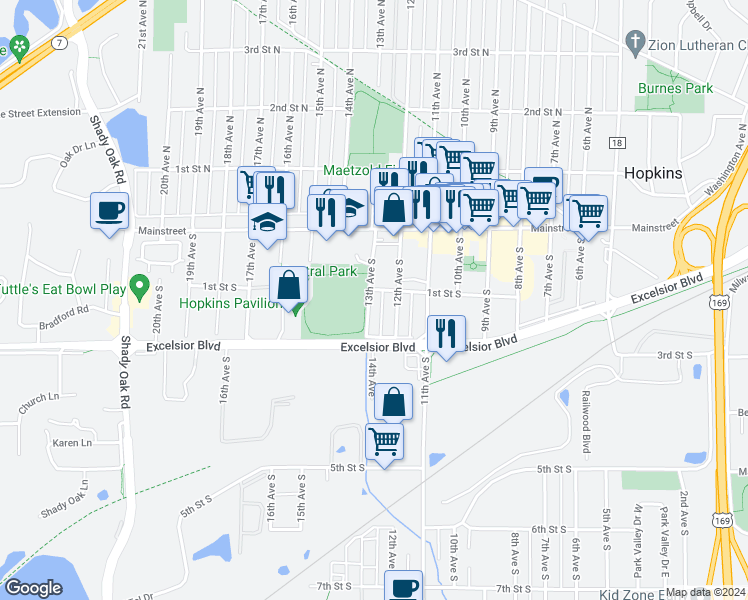 map of restaurants, bars, coffee shops, grocery stores, and more near 135 13th Avenue South in Hopkins
