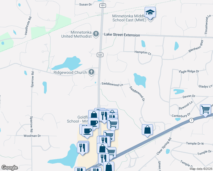 map of restaurants, bars, coffee shops, grocery stores, and more near 17529 Saddlewood Lane in Minnetonka