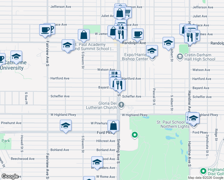 map of restaurants, bars, coffee shops, grocery stores, and more near 1600 Bayard Avenue in Saint Paul