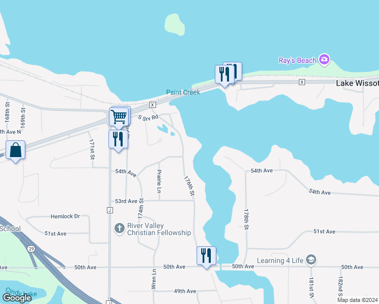 map of restaurants, bars, coffee shops, grocery stores, and more near 5473 176th Street in Chippewa Falls