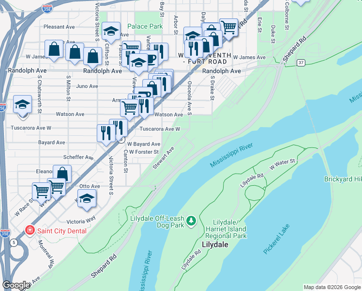 map of restaurants, bars, coffee shops, grocery stores, and more near 714 Stewart Avenue in Saint Paul