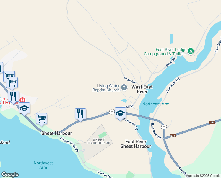 map of restaurants, bars, coffee shops, grocery stores, and more near 67 Barkhouse Road in Sheet Harbour
