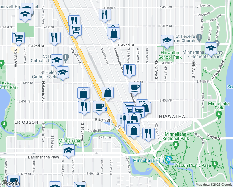 map of restaurants, bars, coffee shops, grocery stores, and more near 3601 East 44th Street in Minneapolis