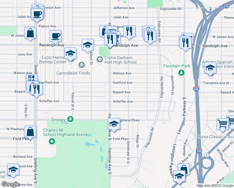 map of restaurants, bars, coffee shops, grocery stores, and more near 1318 Bayard Avenue in Saint Paul