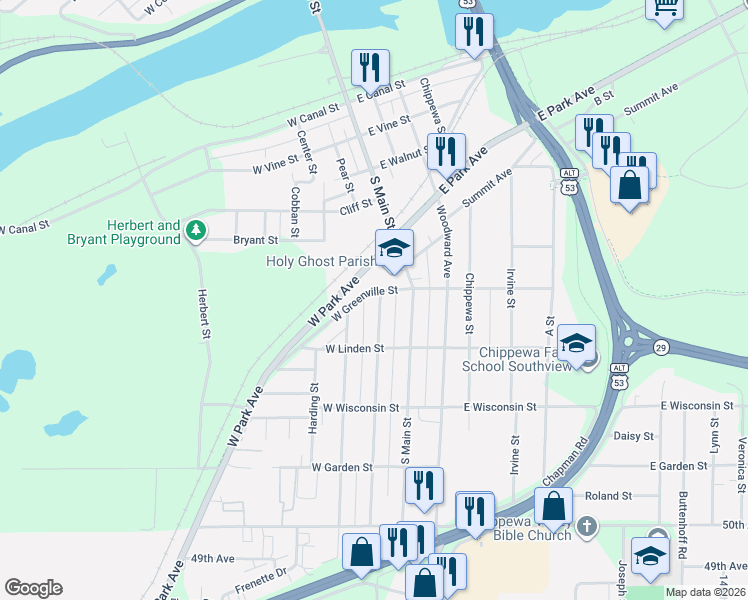 map of restaurants, bars, coffee shops, grocery stores, and more near 115 West Greenville Street in Chippewa Falls