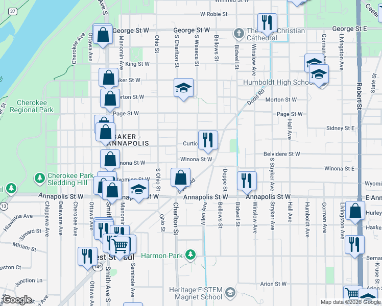 map of restaurants, bars, coffee shops, grocery stores, and more near 211 Winona Street West in Saint Paul