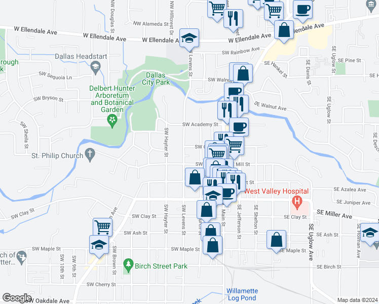 map of restaurants, bars, coffee shops, grocery stores, and more near 265 Southwest Oak Street in Dallas