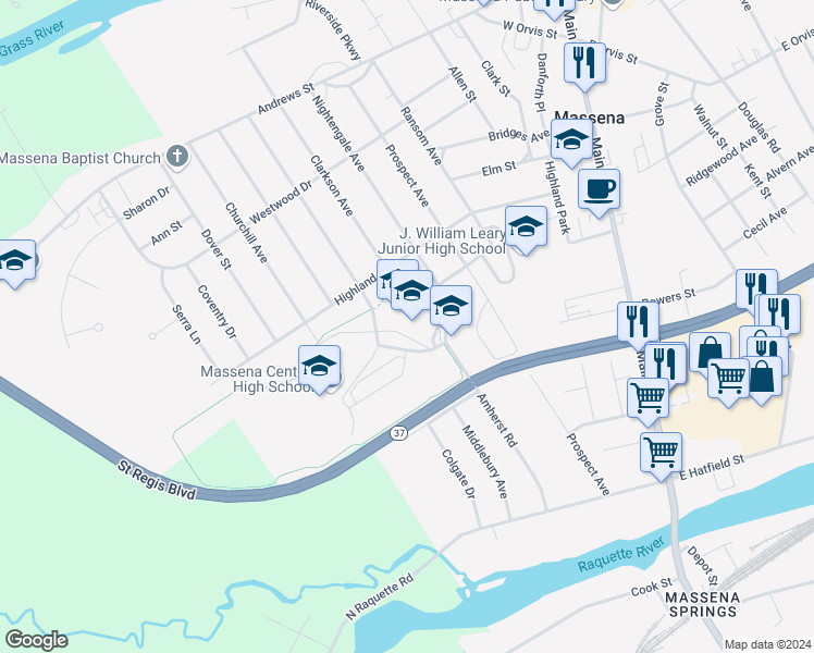 map of restaurants, bars, coffee shops, grocery stores, and more near 84 Nightengale Avenue in Massena