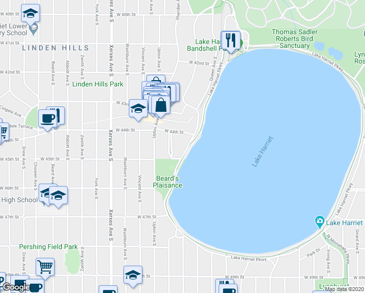 map of restaurants, bars, coffee shops, grocery stores, and more near 4430 West Lake Harriet Parkway in Minneapolis