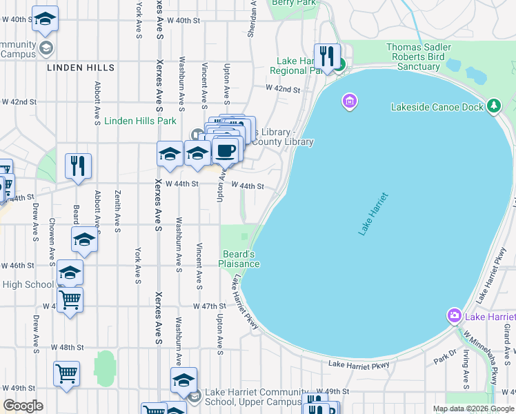 map of restaurants, bars, coffee shops, grocery stores, and more near 4430 West Lake Harriet Parkway in Minneapolis